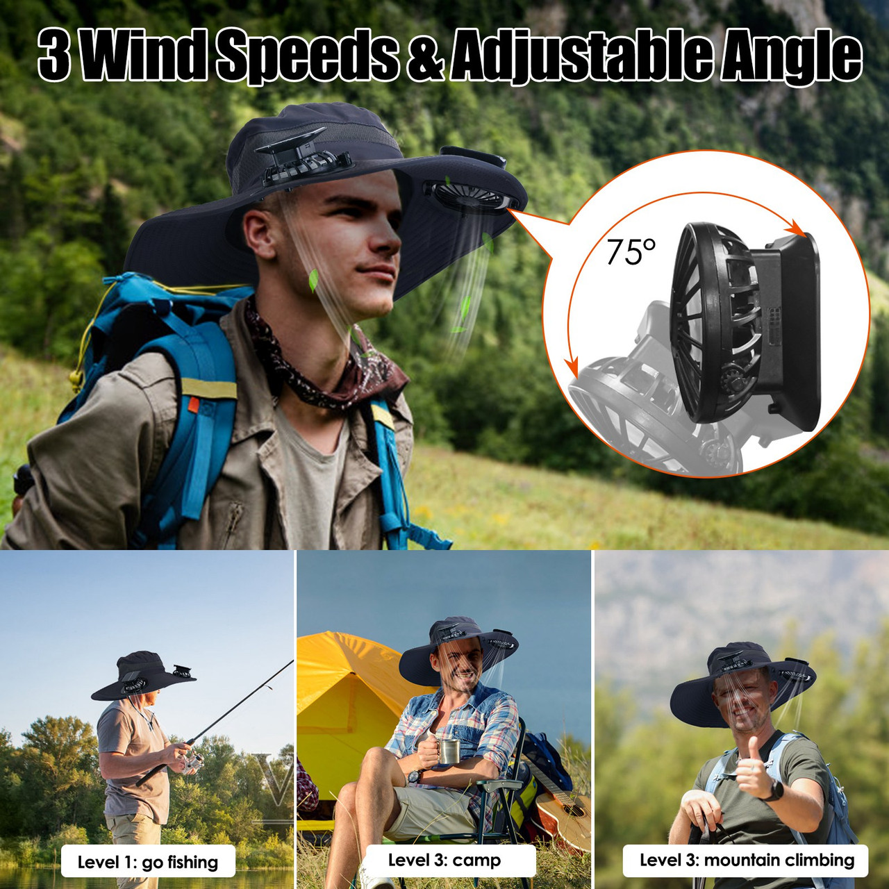 LakeForest® Wide Brim Fishing Hat with Solar Fans product image