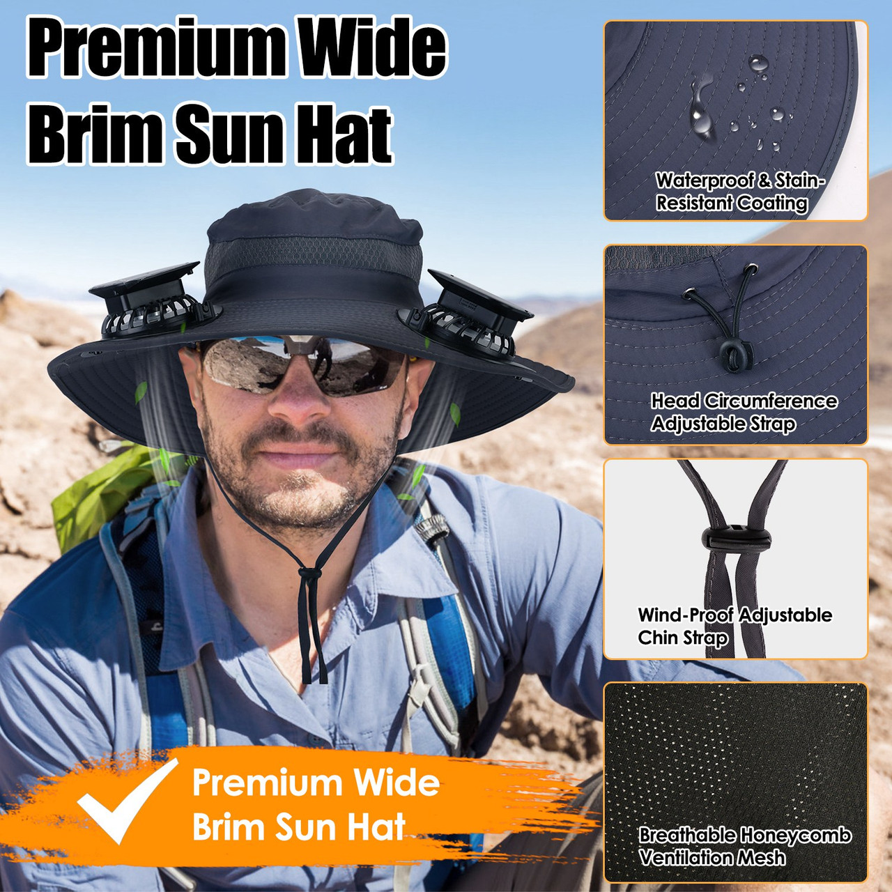 LakeForest® Wide Brim Fishing Hat with Solar Fans product image