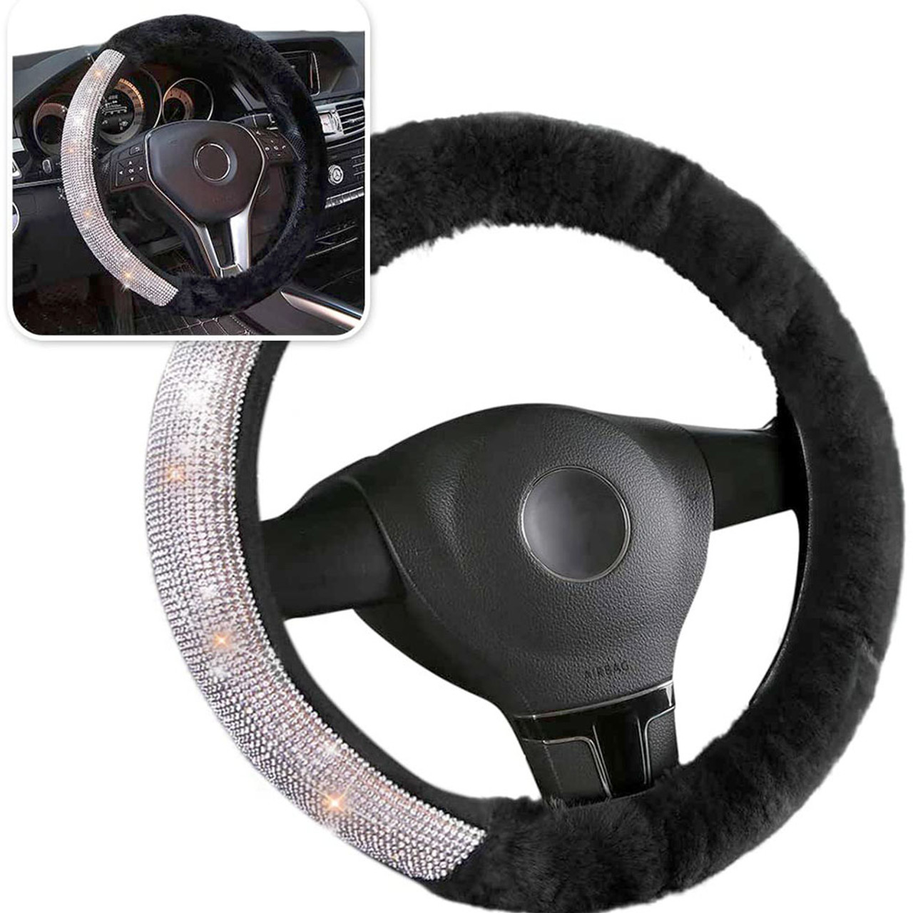 Zone Tech Faux Black Sheepskin Rhinestone Steering Wheel Cover product image