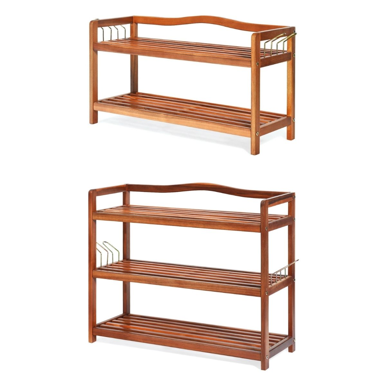 2-Tier/3-Tier Acacia Wood Shoe Rack with Side Metal Hooks product image 2-Tier/3-Tier Acacia Wood Shoe Rack with Side Metal Hooks product image