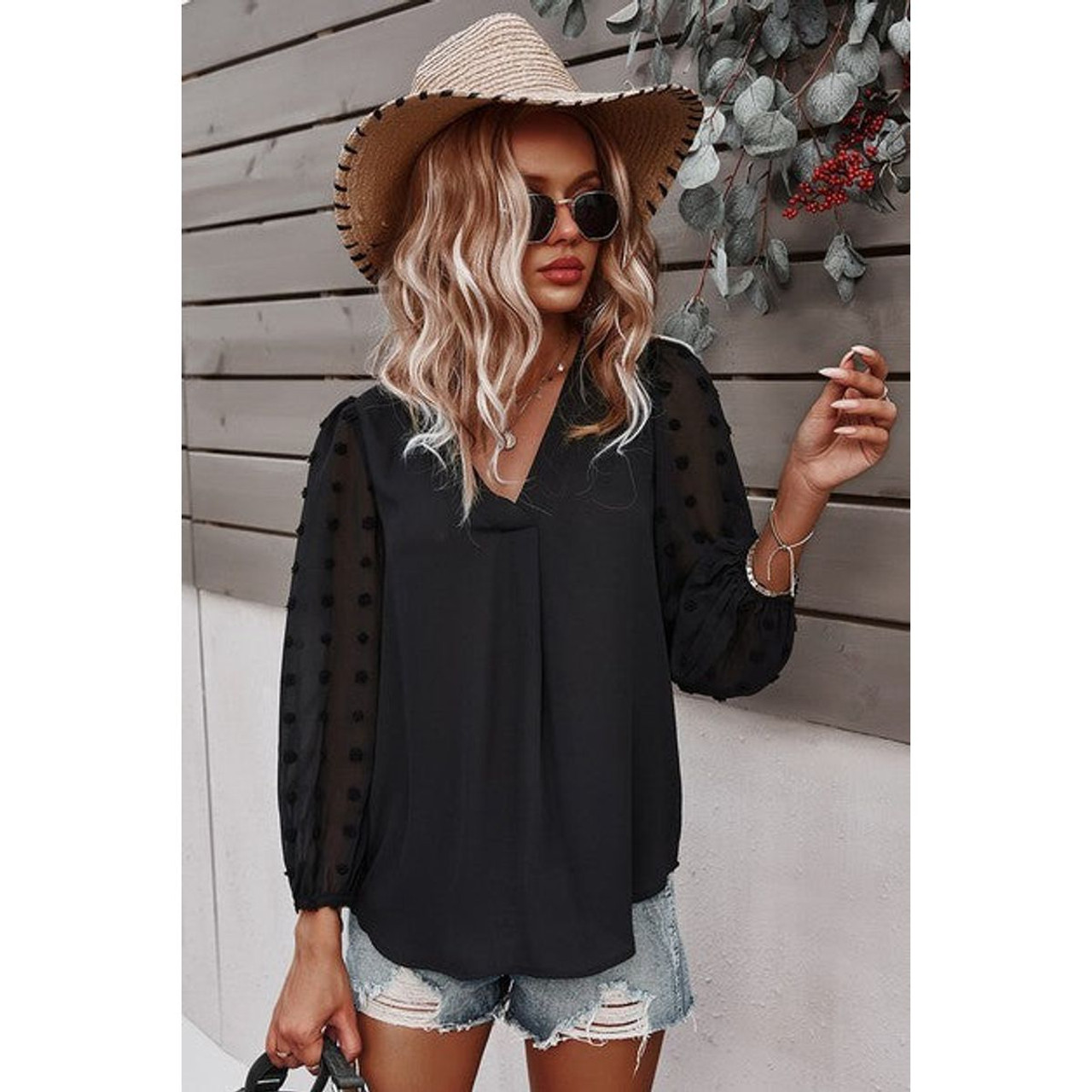 Women's Dotted Sleeves V-Neck Blouse product image