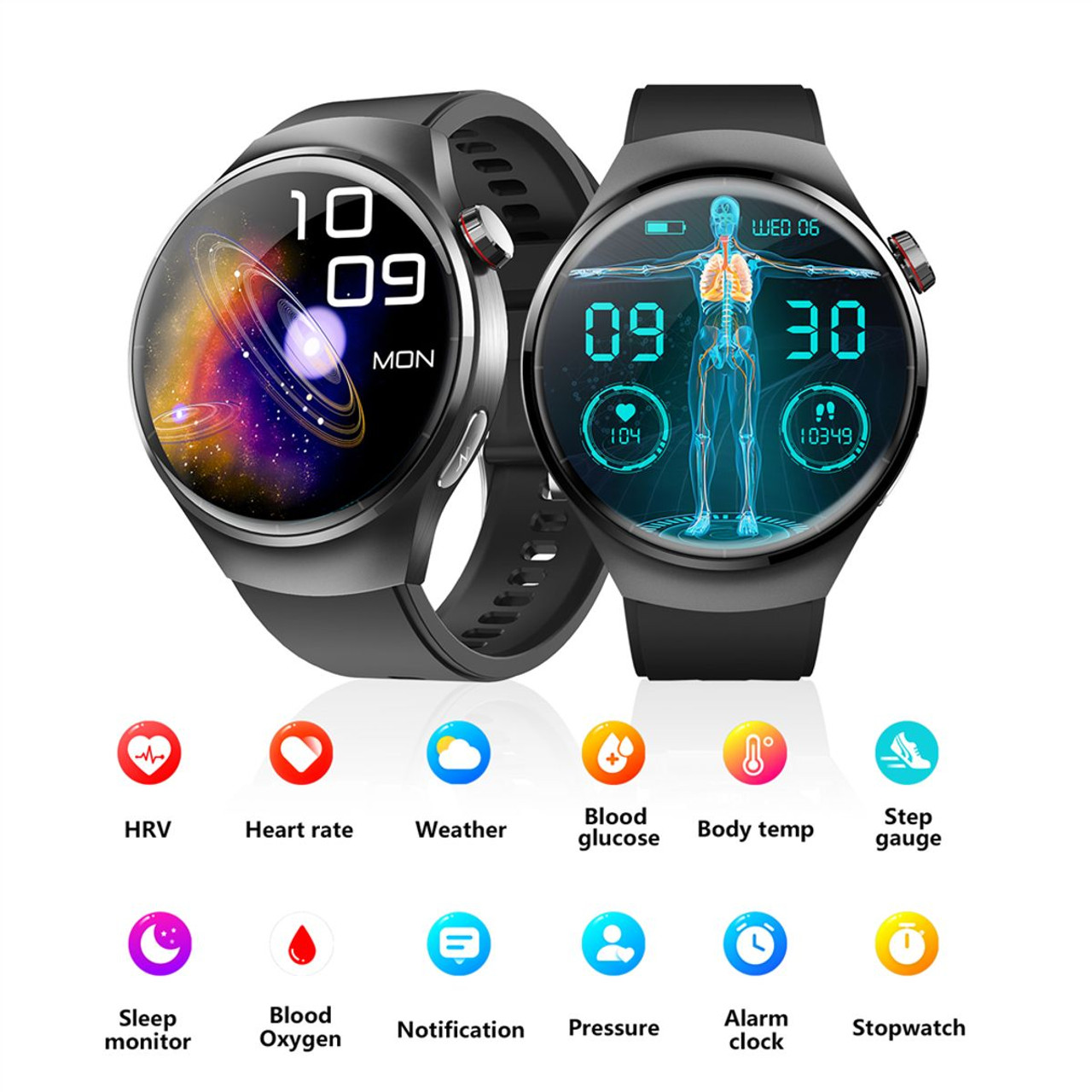 Smartwatch 1.55 Inch Screen with SOS Call Fall Detection and ECG Body Monitoring Sports Activity Tracker Black three-bead steel strap product image
