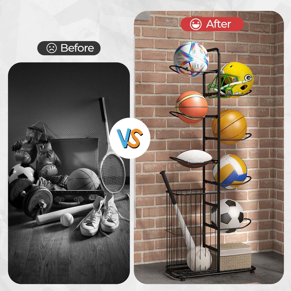 Metal Sports Ball Holder with 7 Removable Hanging Rods & Side Basket product image