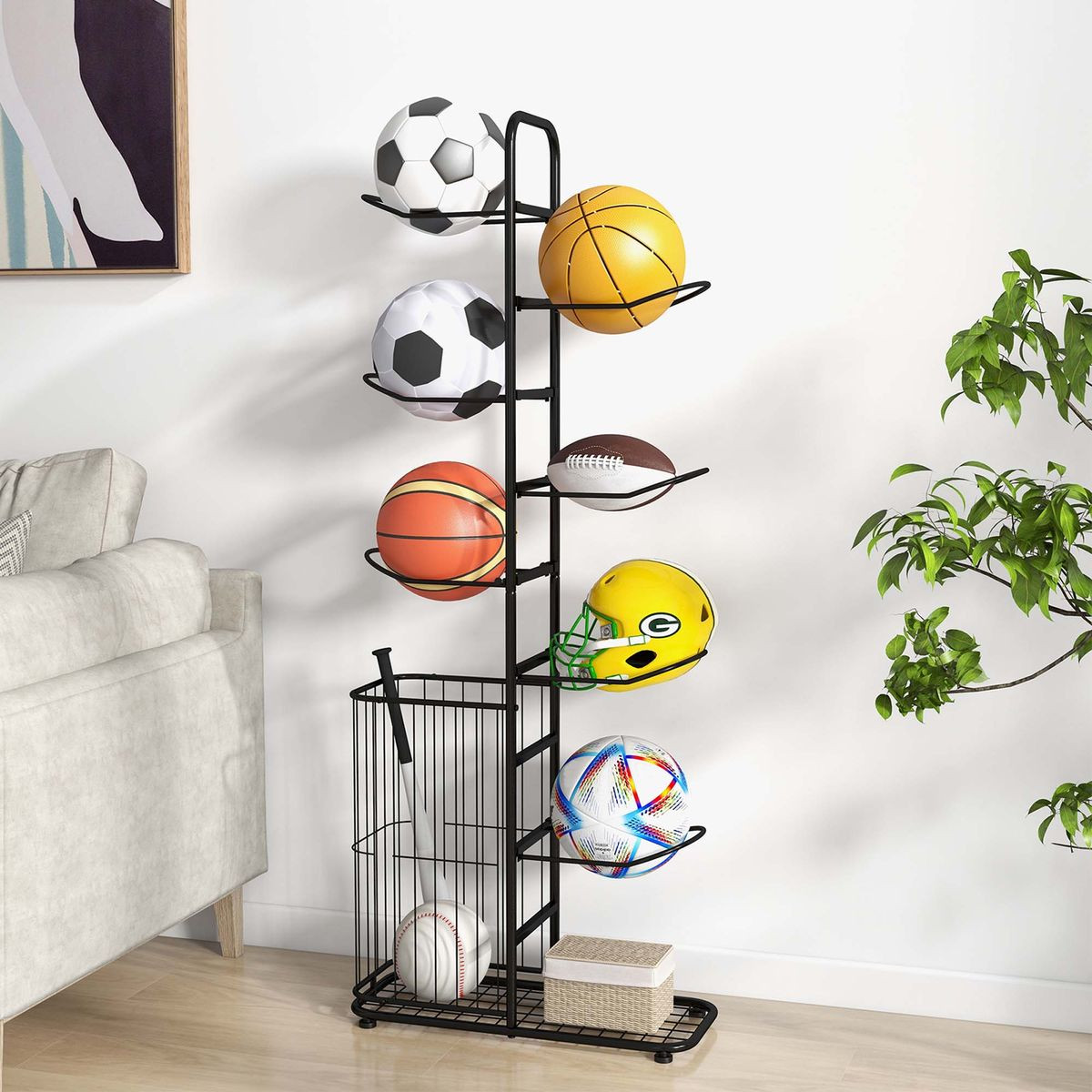 Metal Sports Ball Holder with 7 Removable Hanging Rods & Side Basket product image