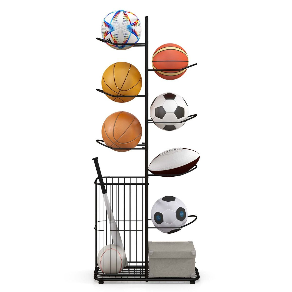 Metal Sports Ball Holder with 7 Removable Hanging Rods & Side Basket product image