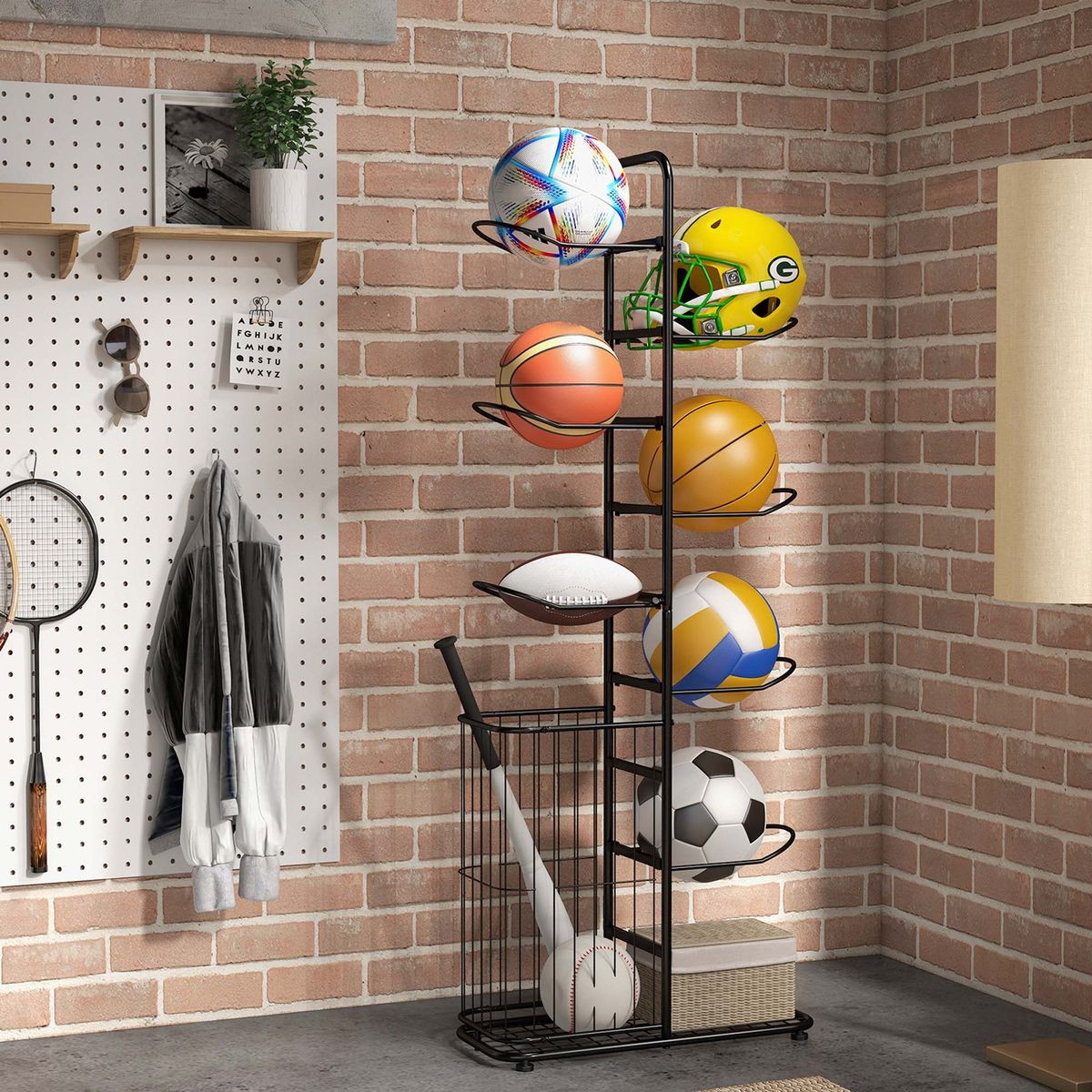 Metal Sports Ball Holder with 7 Removable Hanging Rods & Side Basket product image