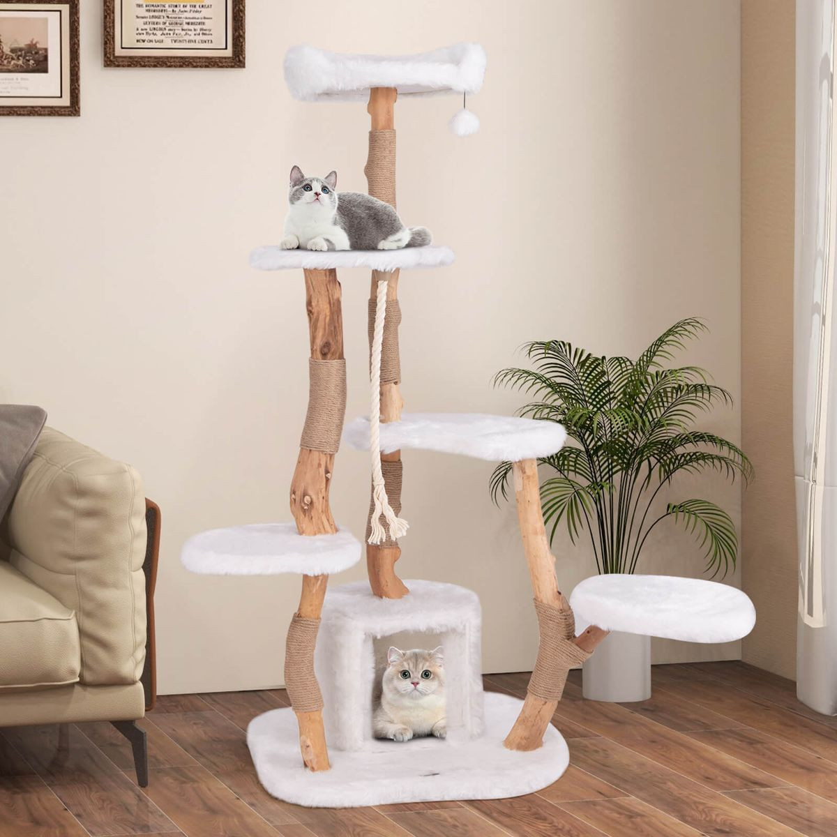 66-Inch-Tall Solid Wood Modern Cat Tree Tower with Perch product image