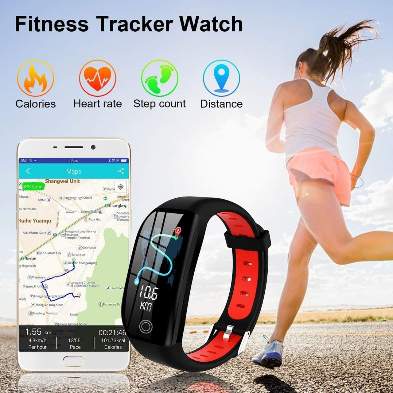 Fitness Watch ,Bluetooth Smart Bracelet Sleep Tracker, IP68 Waterproof Smart Watch with Pedometer, Activity Tracker for Men Women,Black and Red product image