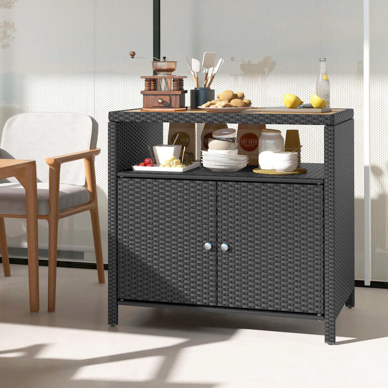 Rattan Storage Cabinet with Acacia Wood Countertop product image Rattan Storage Cabinet with Acacia Wood Countertop product image