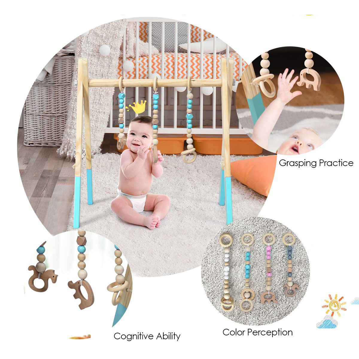 Goplus Foldable Wooden Baby Gym with 3 Wooden Teething Toys Hanging Bar Gra product image
