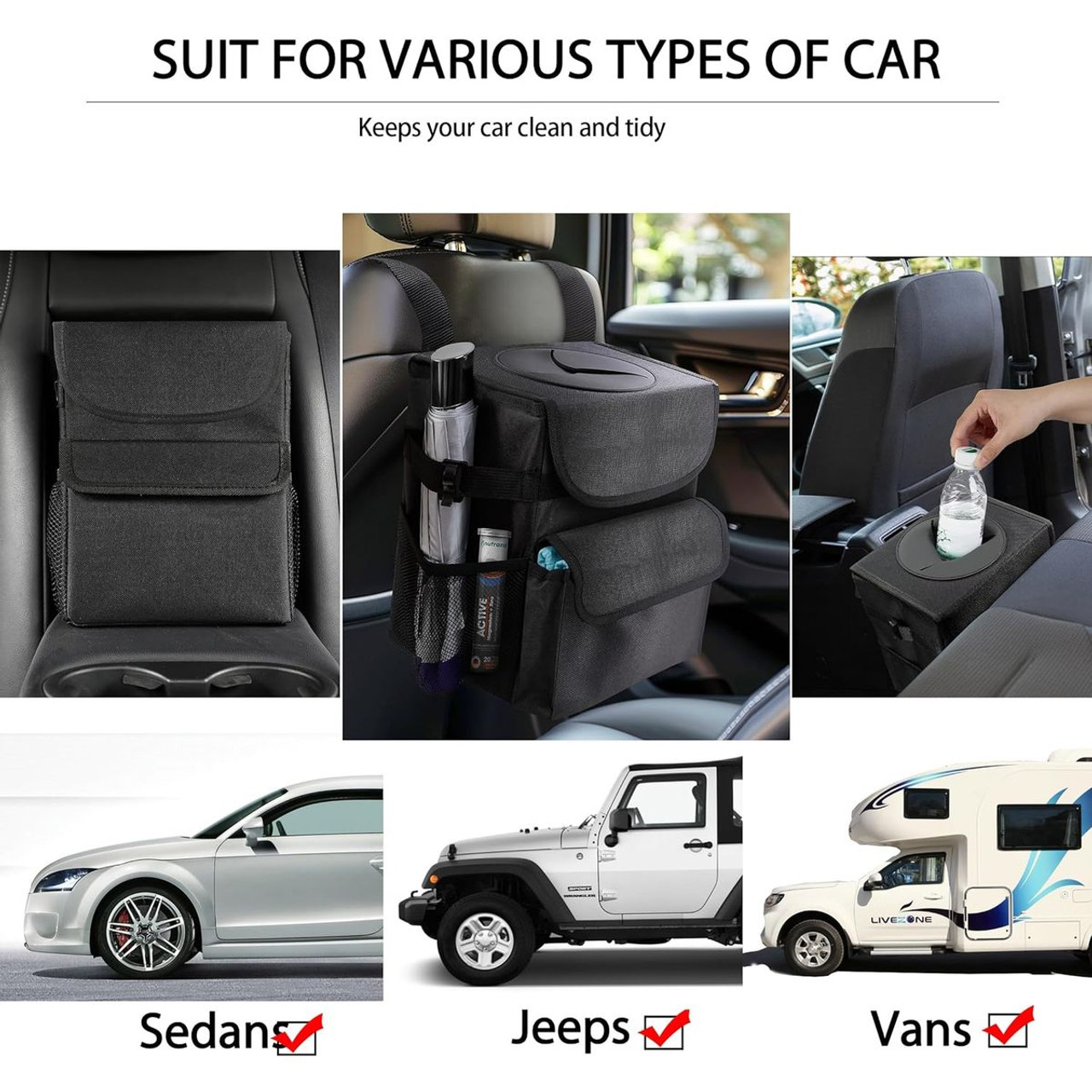 1.8 + 2.8-Gallon Car Trash Cans with Lid & Storage Pockets product image