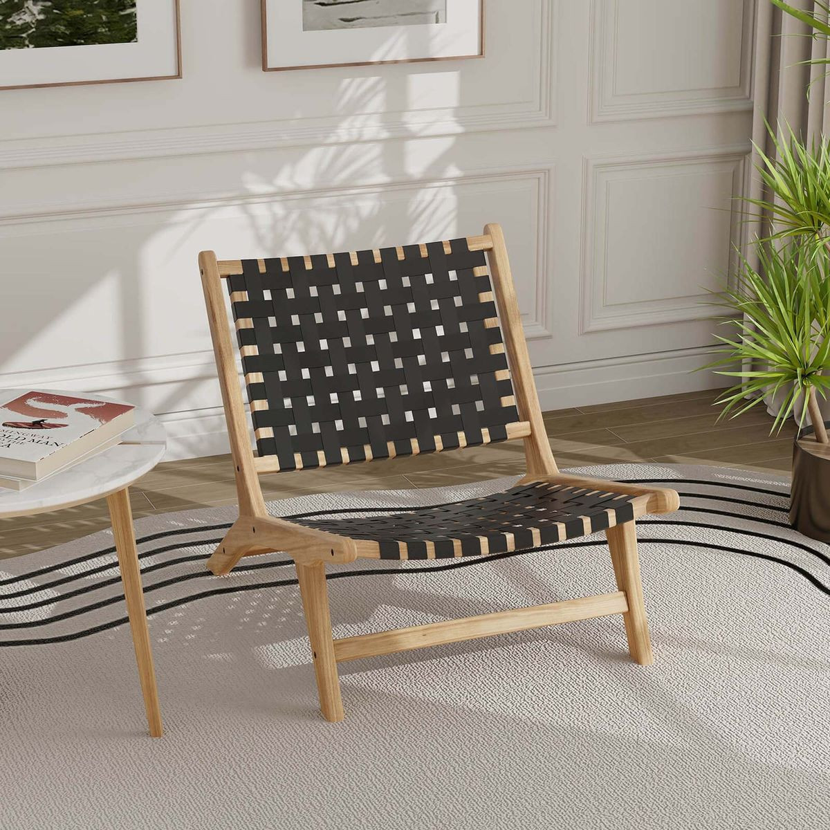 Modern Armless Teakwood Lounge Chair with Nylon Woven Backrest & Seat product image