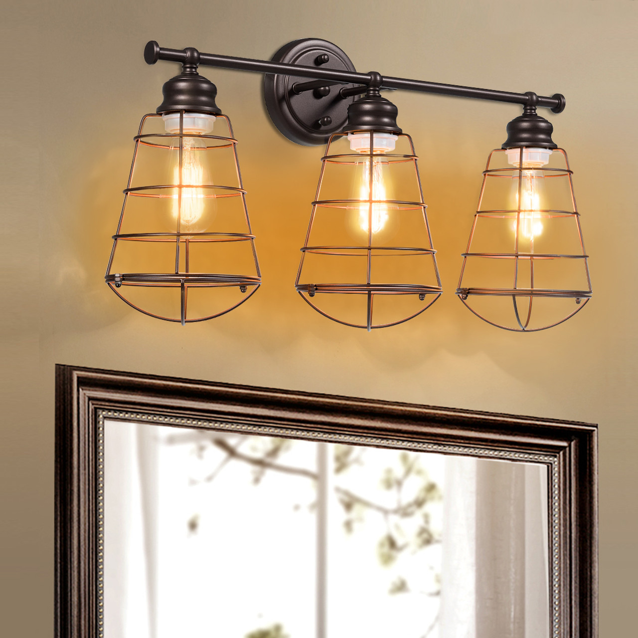 3-Light Vanity Lamp Bathroom Fixture with Metal Wire Cage product image