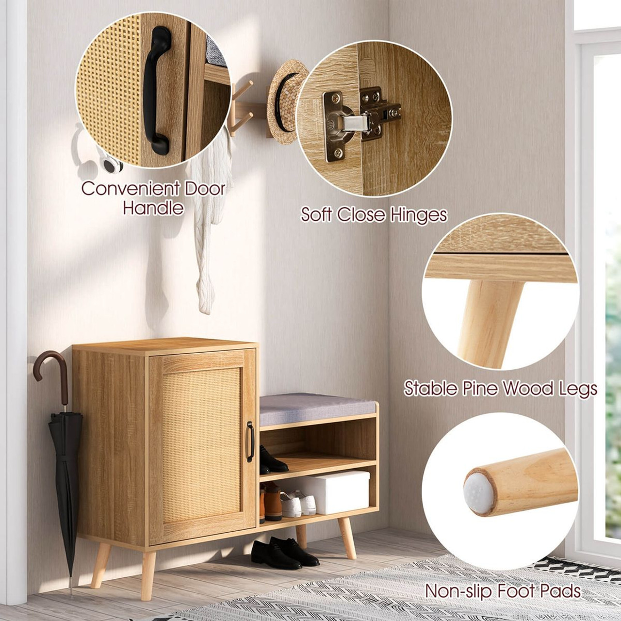 2-in-1 Rattan Shoe Cabinet with Bench & Washable Cushion product image