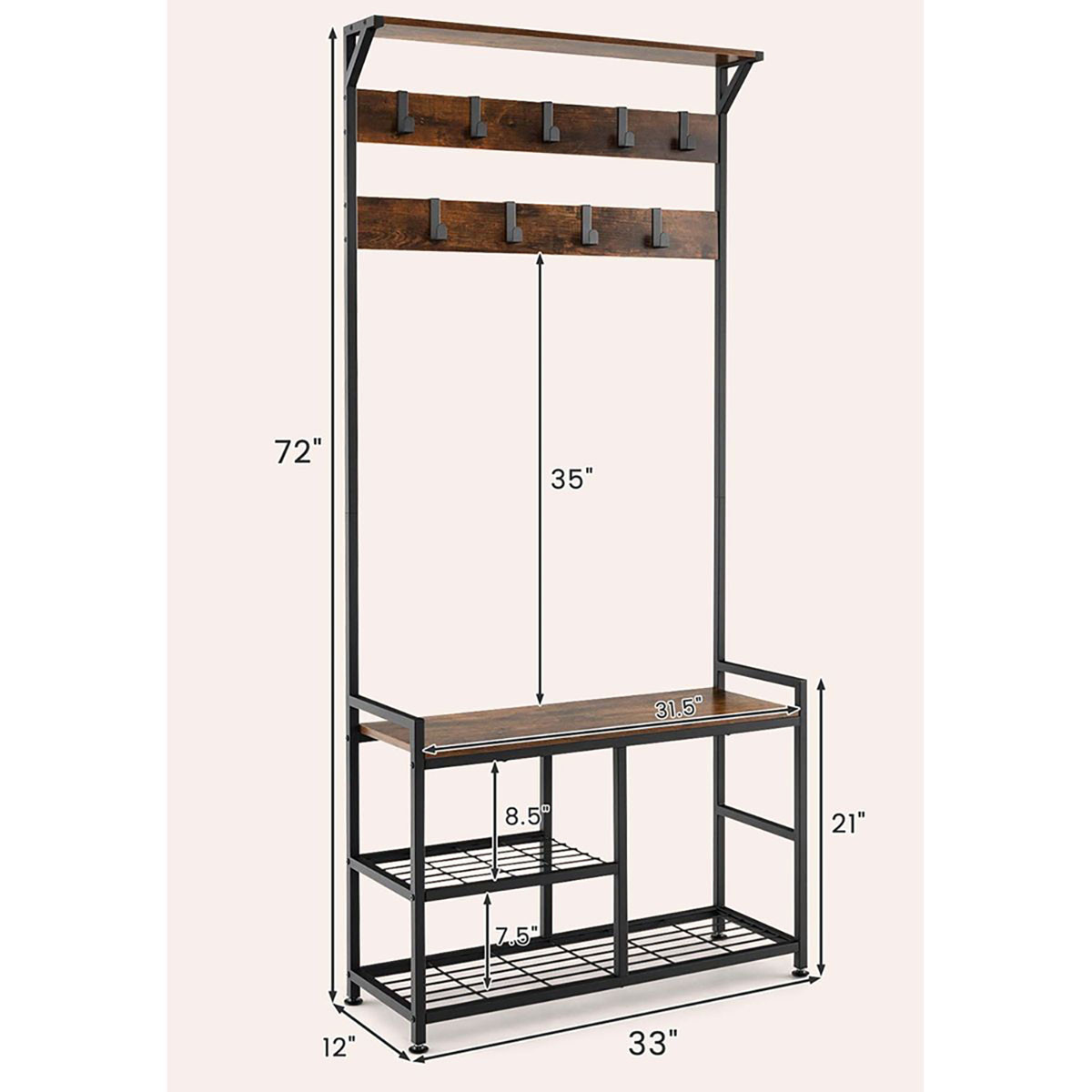 3-in-1 Industrial Coat Rack with Shoe Bench product image