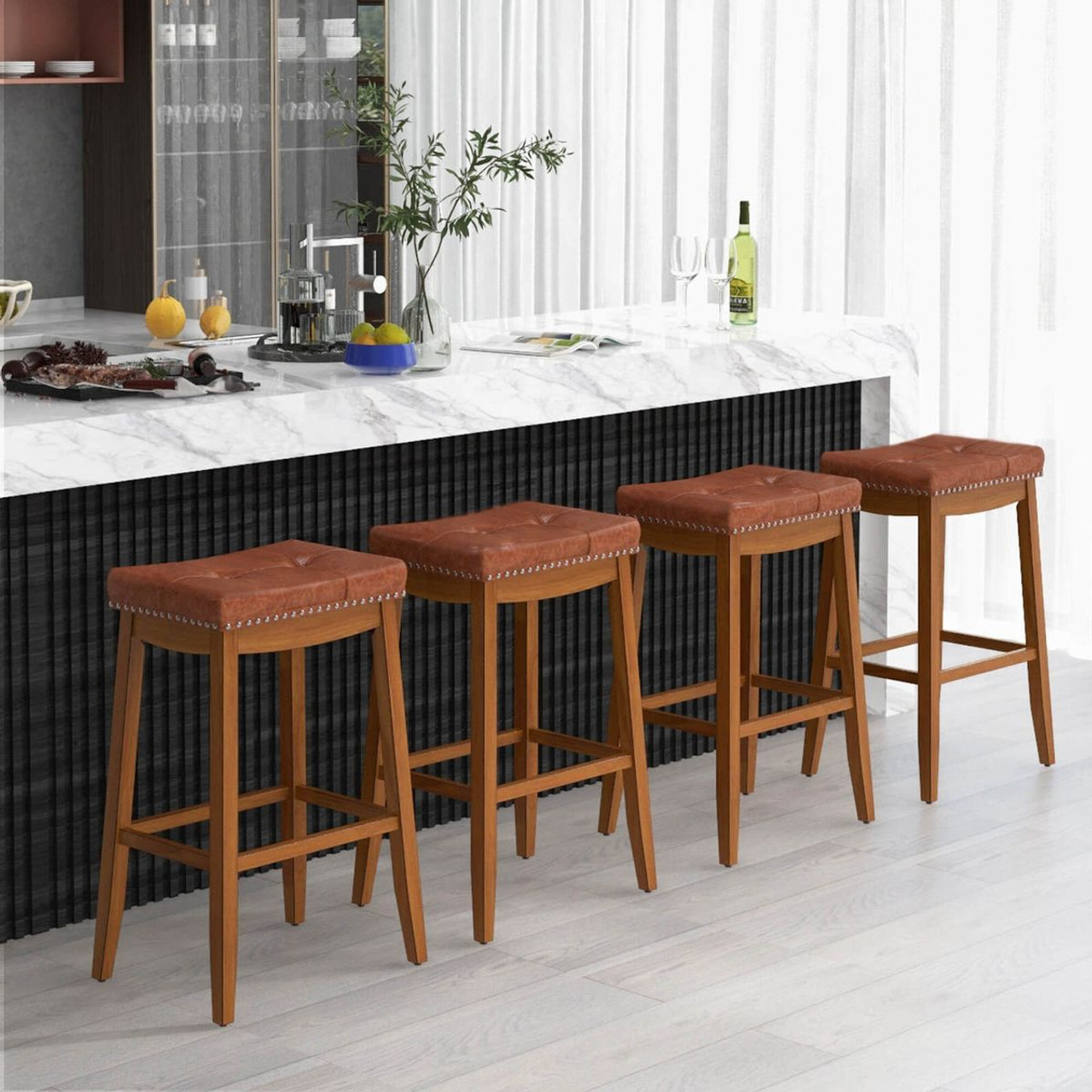 29-Inch Upholstered PU Leather Bar Stools with Saddle Seat (Set of 2/4) product image