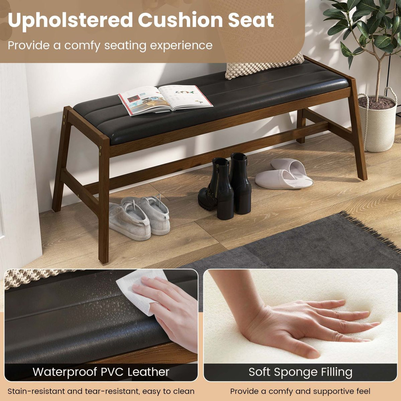 50-Inch Long Solid Wood Dining Bench with Faux Leather Padded Seat product image