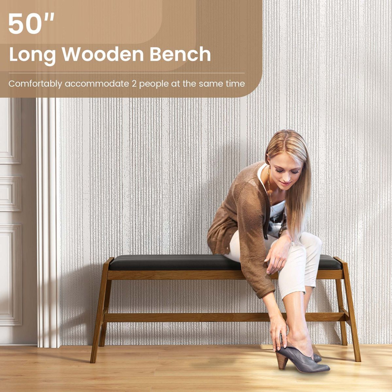 50-Inch Long Solid Wood Dining Bench with Faux Leather Padded Seat product image
