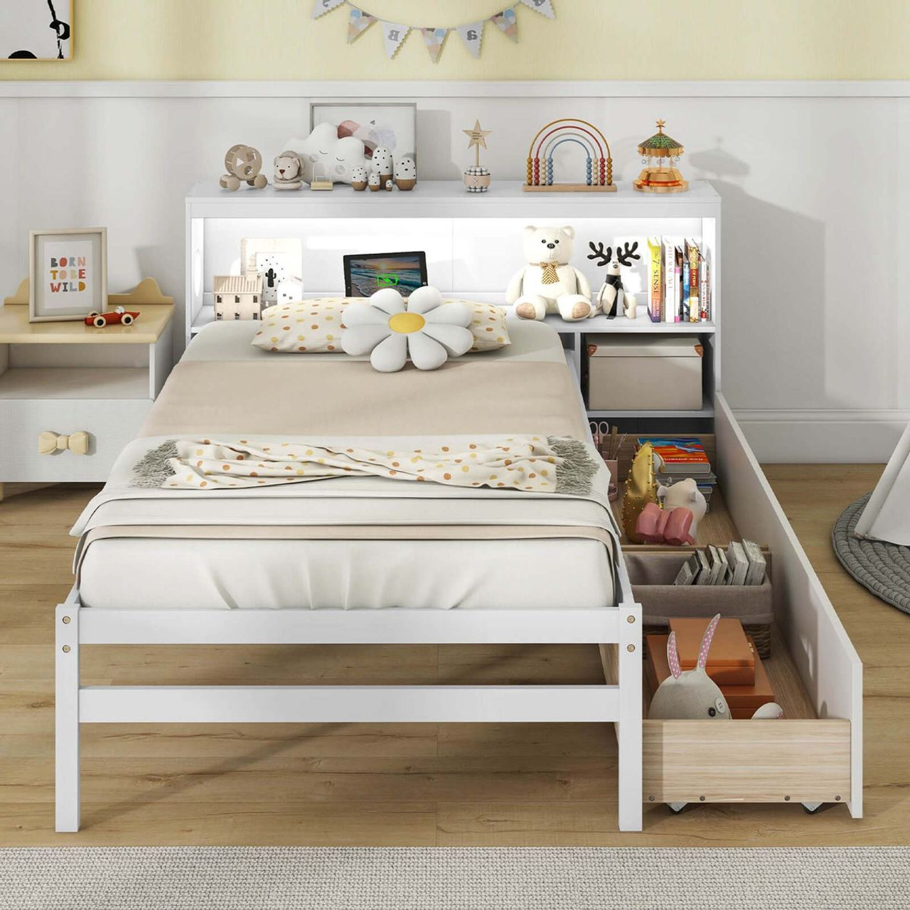 Twin Size Bed Frame with LED Light and Bookcase Headboard product image