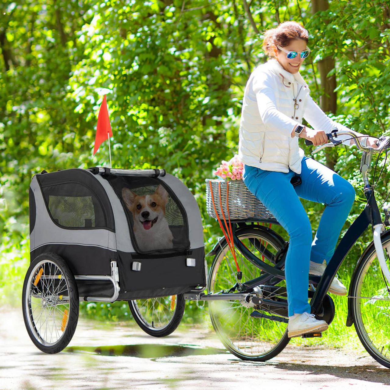 Foldable Dog Bike Trailer Pet Cart with 3 Entrances for Travel product image