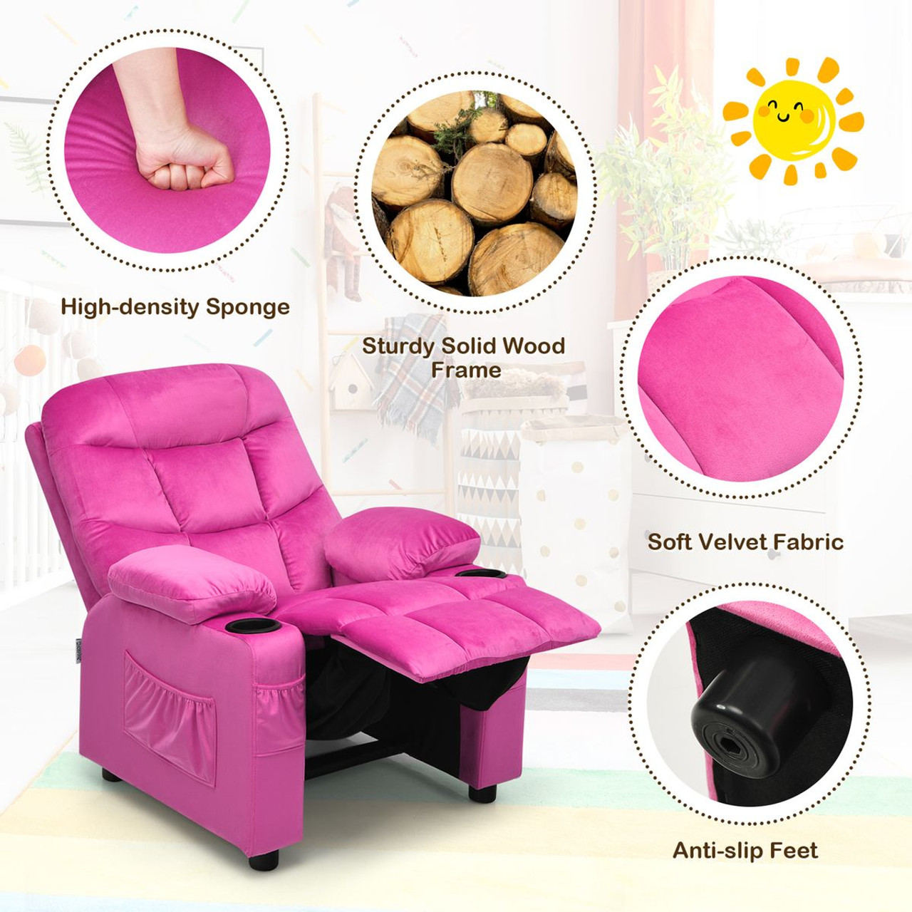 Kids' Velvet Recliner Chair with Cup Holder and Pockets product image