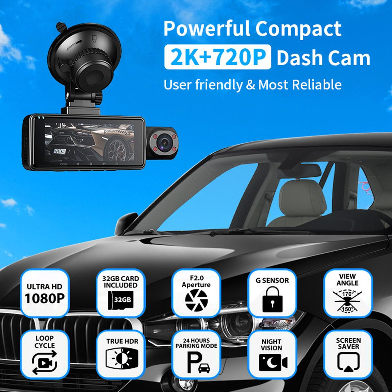 3 Channel 2.5K 1440P Dash Cam Front and Rear Inside,Triple Car Camera with G-Sensor,24Hr Parking,170 Degree Wide Angle Loop Recording, IR Night Vision product image