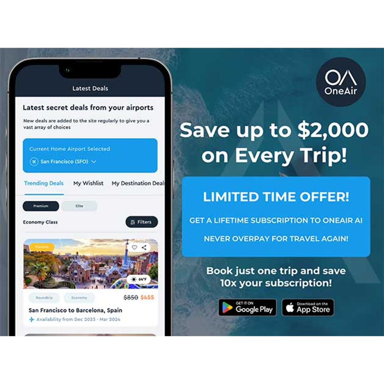 OneAir Premium/Elite Plan Flight & Hotel Deals (Lifetime Subscription) product image