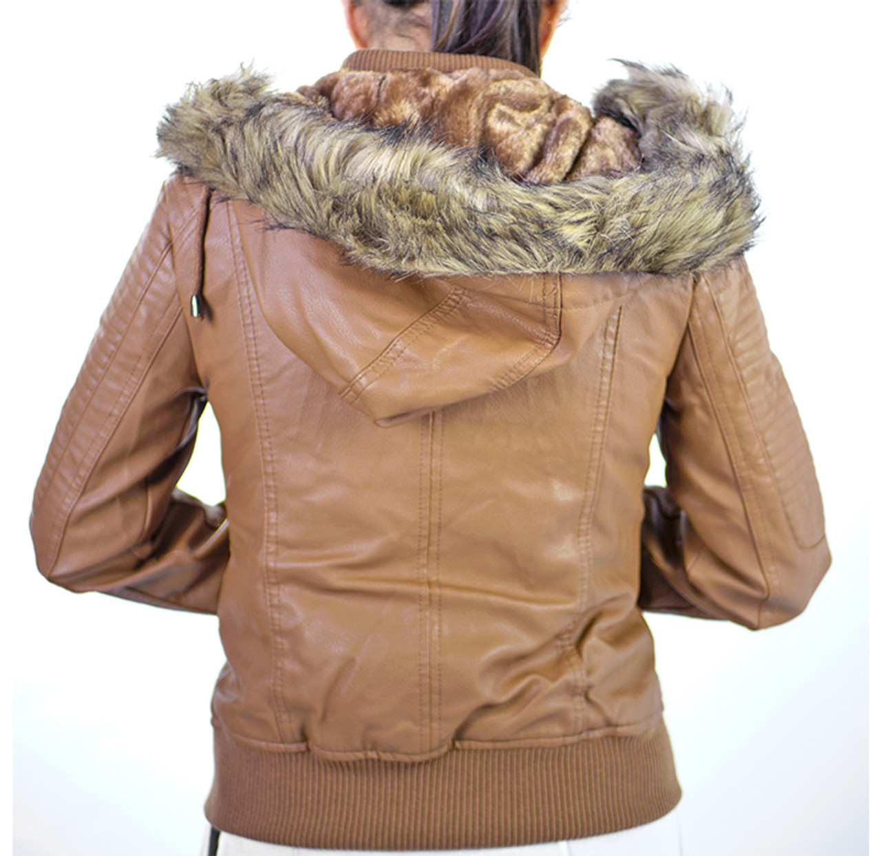 Women’s Faux Leather Motorcycle Jacket with Hood product image