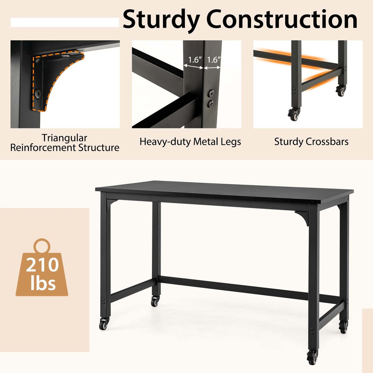 Rolling Computer Desk with Wood Top Metal Frame for PC and Laptop product image