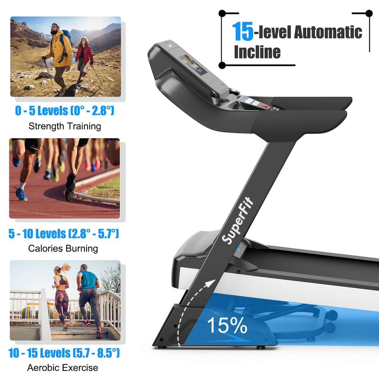 SuperFit 4.75HP Electric Folding Treadmill with APP Auto Incline Preset Program product image
