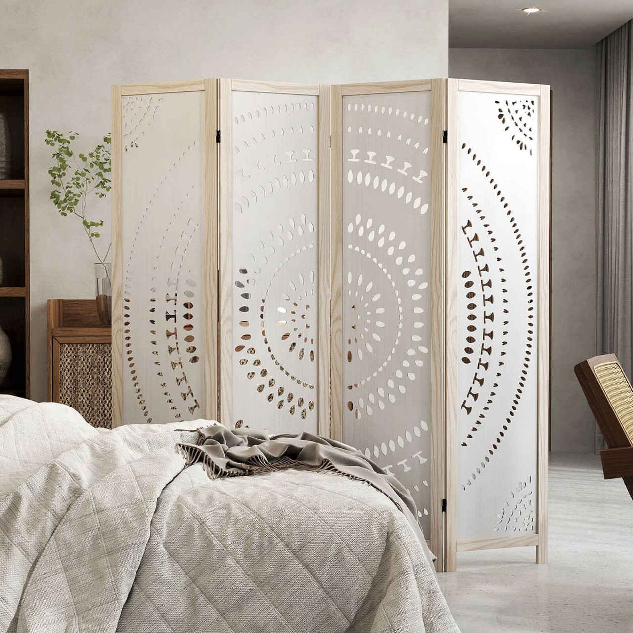 66-Inch Boho 4-Panel Room Divider Privacy Screen with Carved Pattern product image