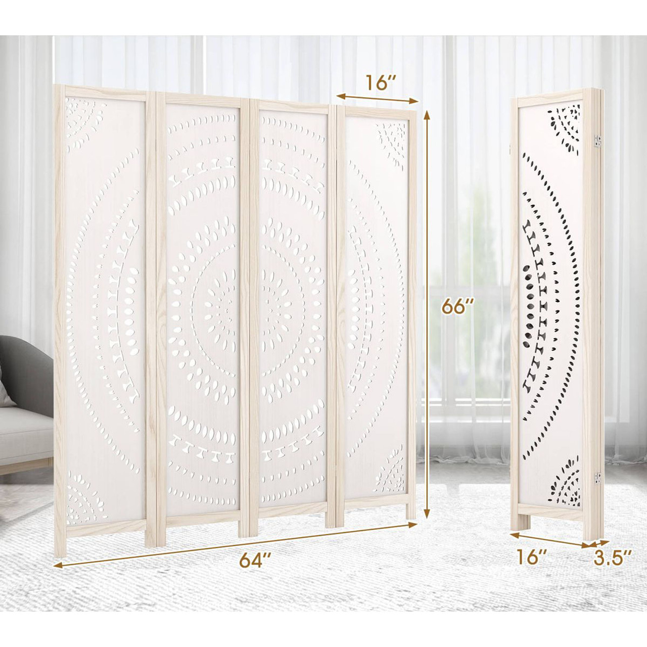 66-Inch Boho 4-Panel Room Divider Privacy Screen with Carved Pattern product image