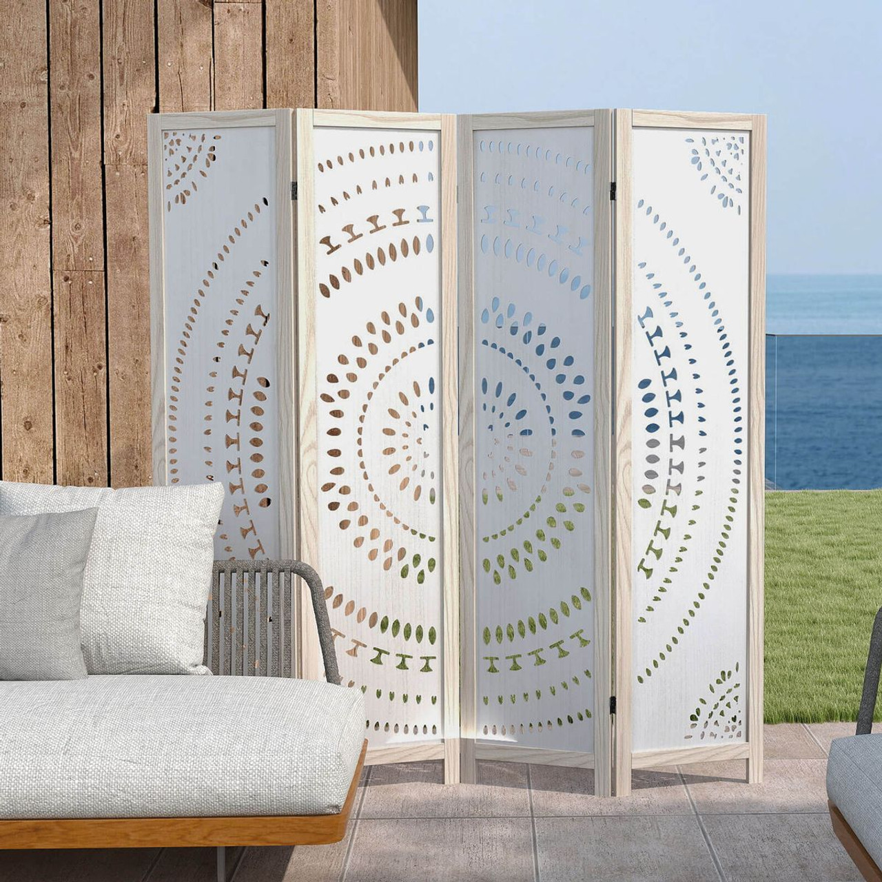 66-Inch Boho 4-Panel Room Divider Privacy Screen with Carved Pattern product image