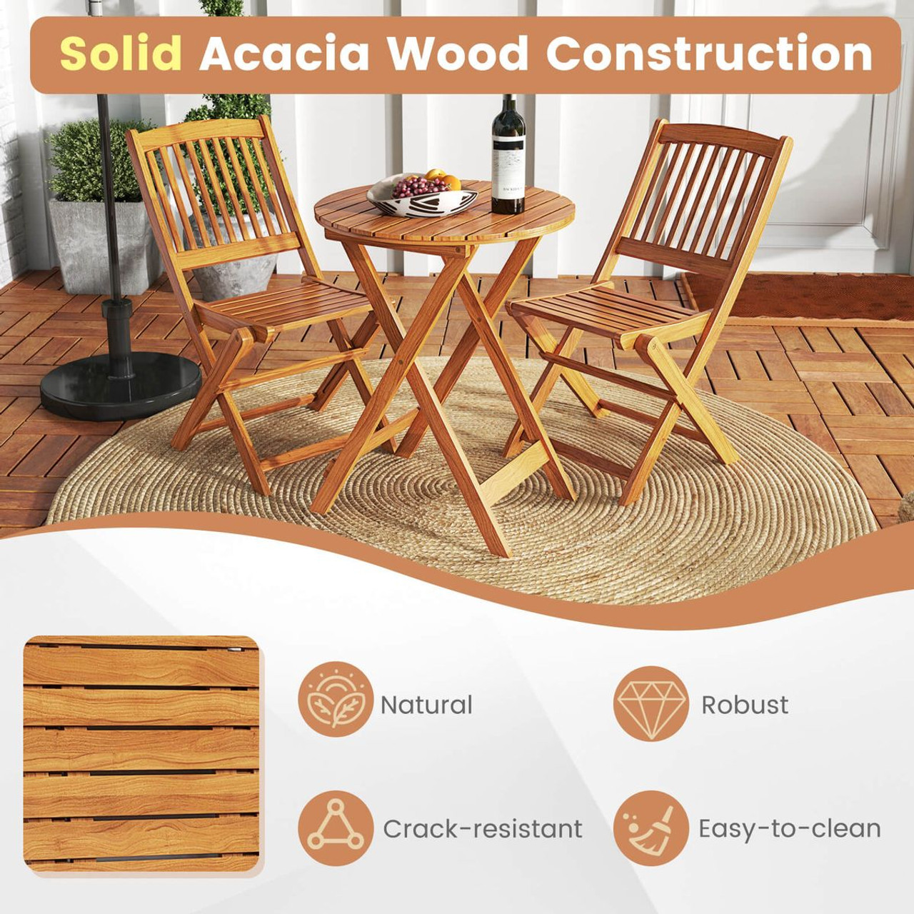 3-Piece Folding Acacia Wood Patio Bistro Set product image