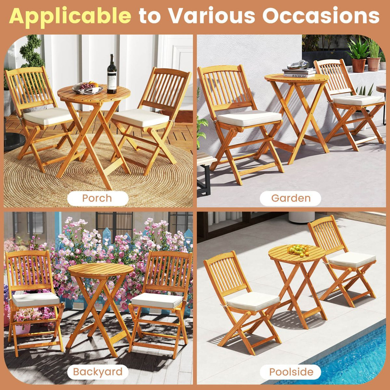3-Piece Folding Acacia Wood Patio Bistro Set product image