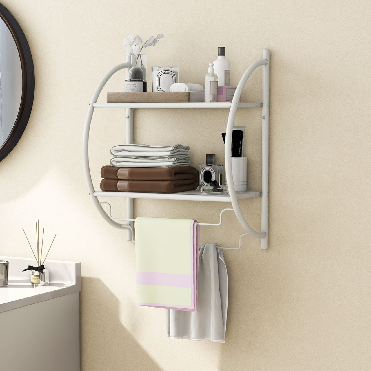 Wall-Mounted 2-Tier Bathroom Shelf with 2 Towel Bars product image