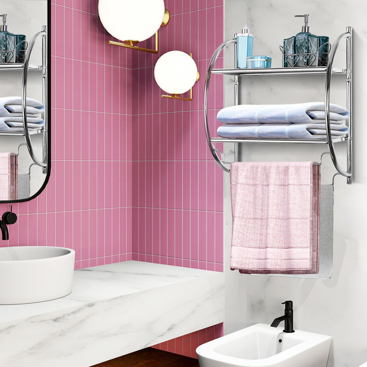 Wall-Mounted 2-Tier Bathroom Shelf with 2 Towel Bars product image