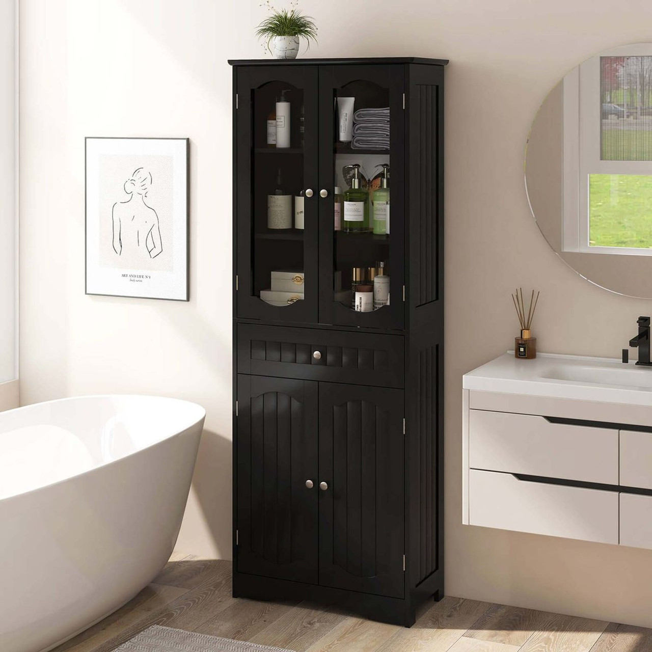 63" Bathroom Cabinet with Tempered Glass Doors and Adjustable Shelves product image