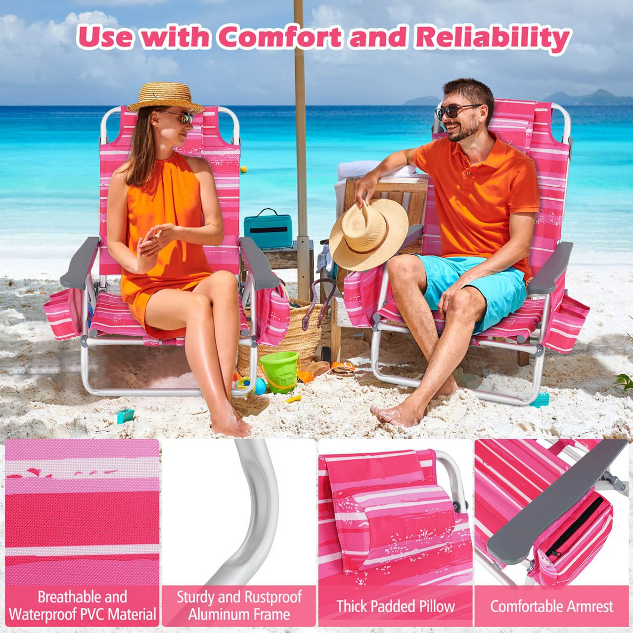 5-Position Outdoor Folding Backpack Beach Reclining Chair with Pillow (4-Pack) product image