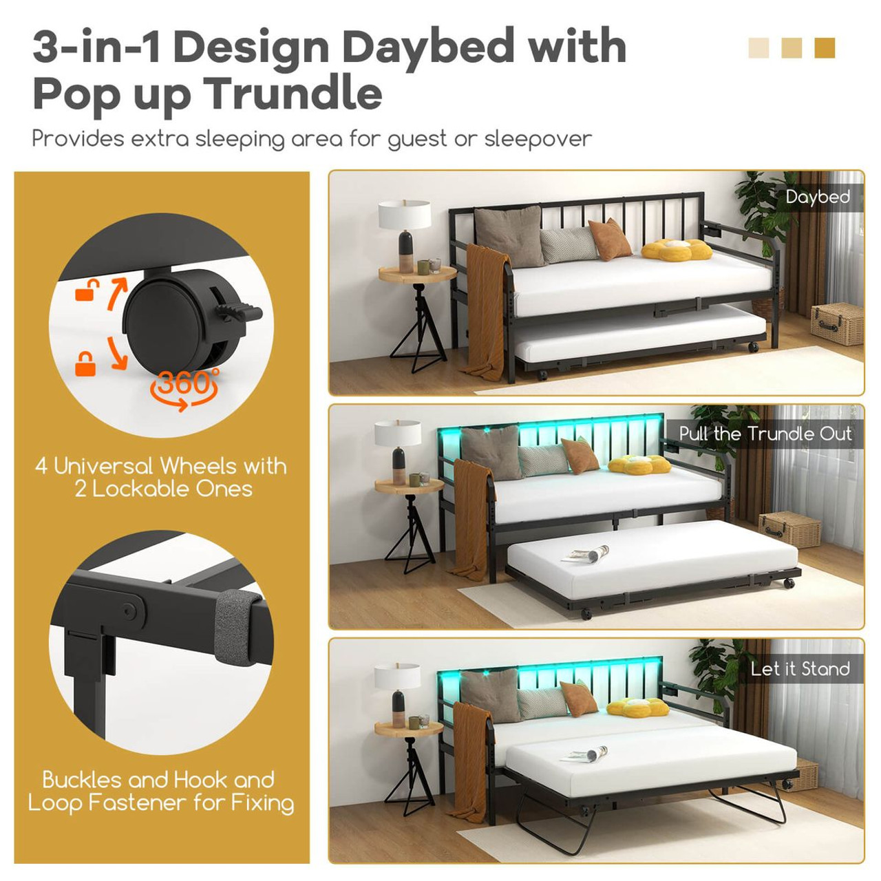 Twin Size Daybed with Pop-up Trundle, Charging Station and Built-In LED Lights product image