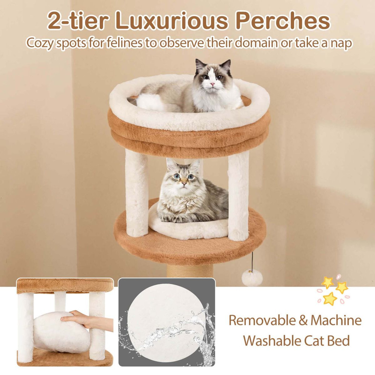 65" Indoor Cat Tree with Self-Groomer, Padded Perch and  Removable Cat Bed product image