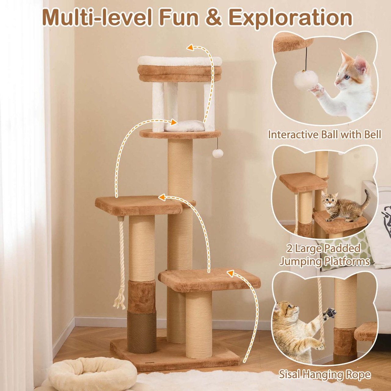 65" Indoor Cat Tree with Self-Groomer, Padded Perch and  Removable Cat Bed product image