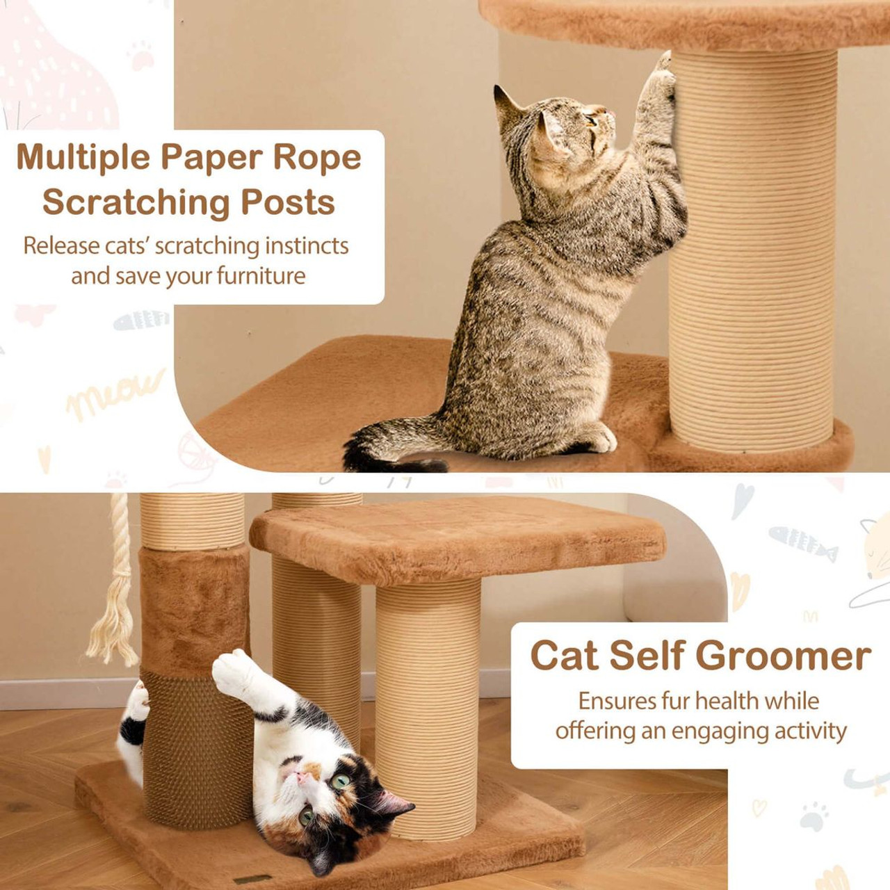 65" Indoor Cat Tree with Self-Groomer, Padded Perch and  Removable Cat Bed product image