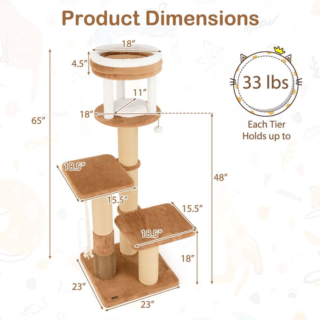 65" Indoor Cat Tree with Self-Groomer, Padded Perch and  Removable Cat Bed product image
