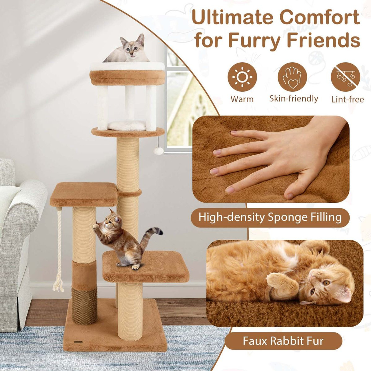 65" Indoor Cat Tree with Self-Groomer, Padded Perch and  Removable Cat Bed product image