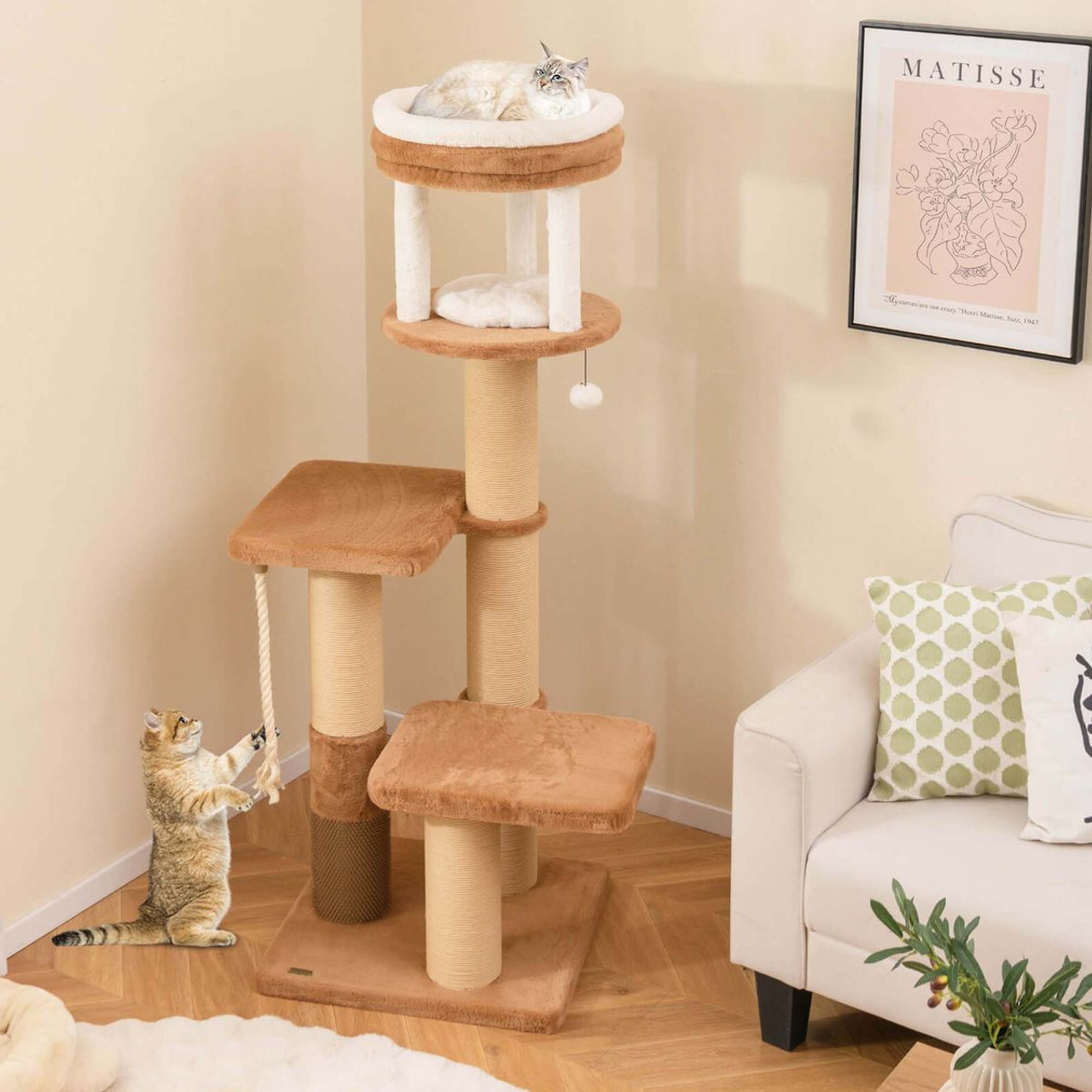 65" Indoor Cat Tree with Self-Groomer, Padded Perch and  Removable Cat Bed product image