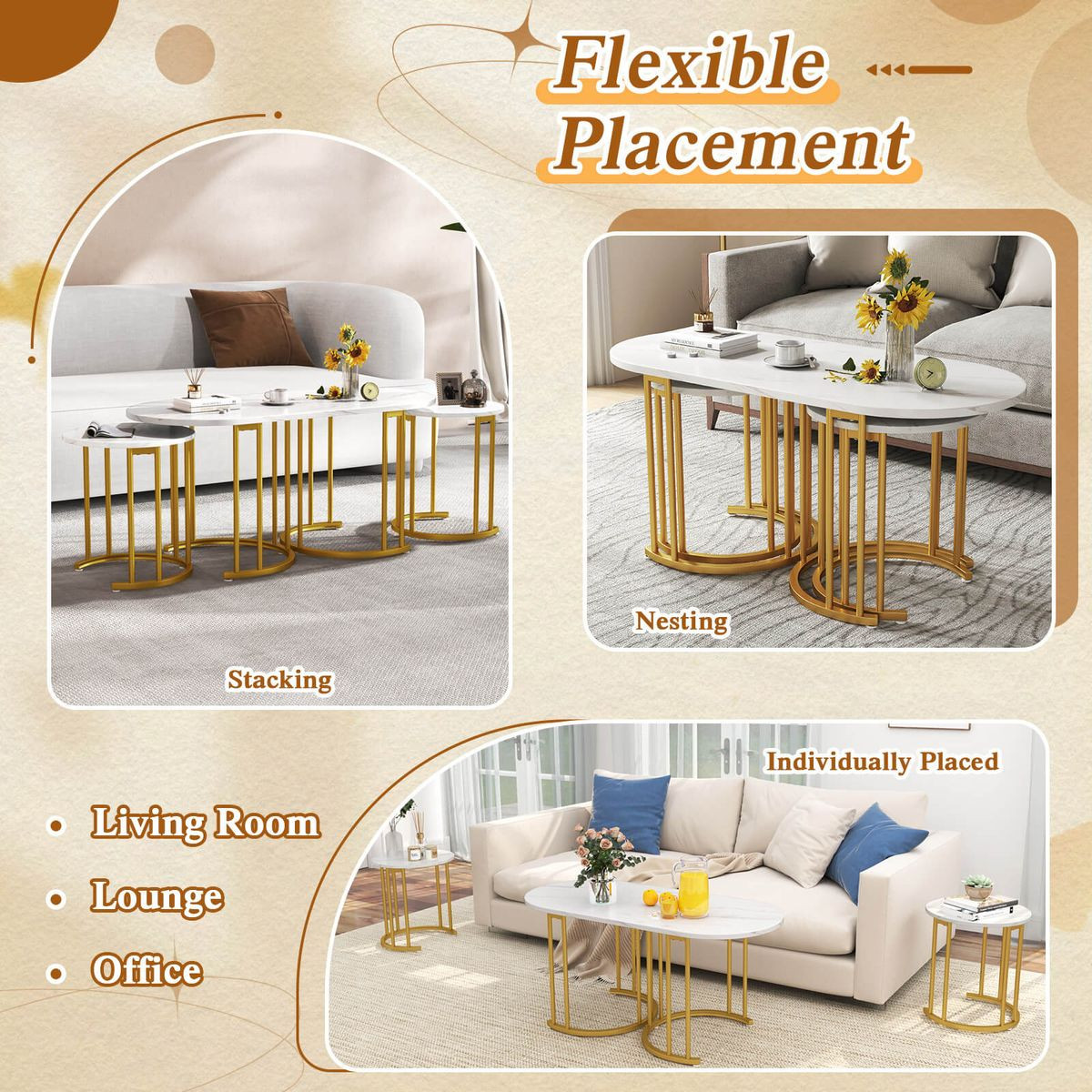 3-Piece Nesting Coffee Table Set with Faux Marble Tabletop  product image