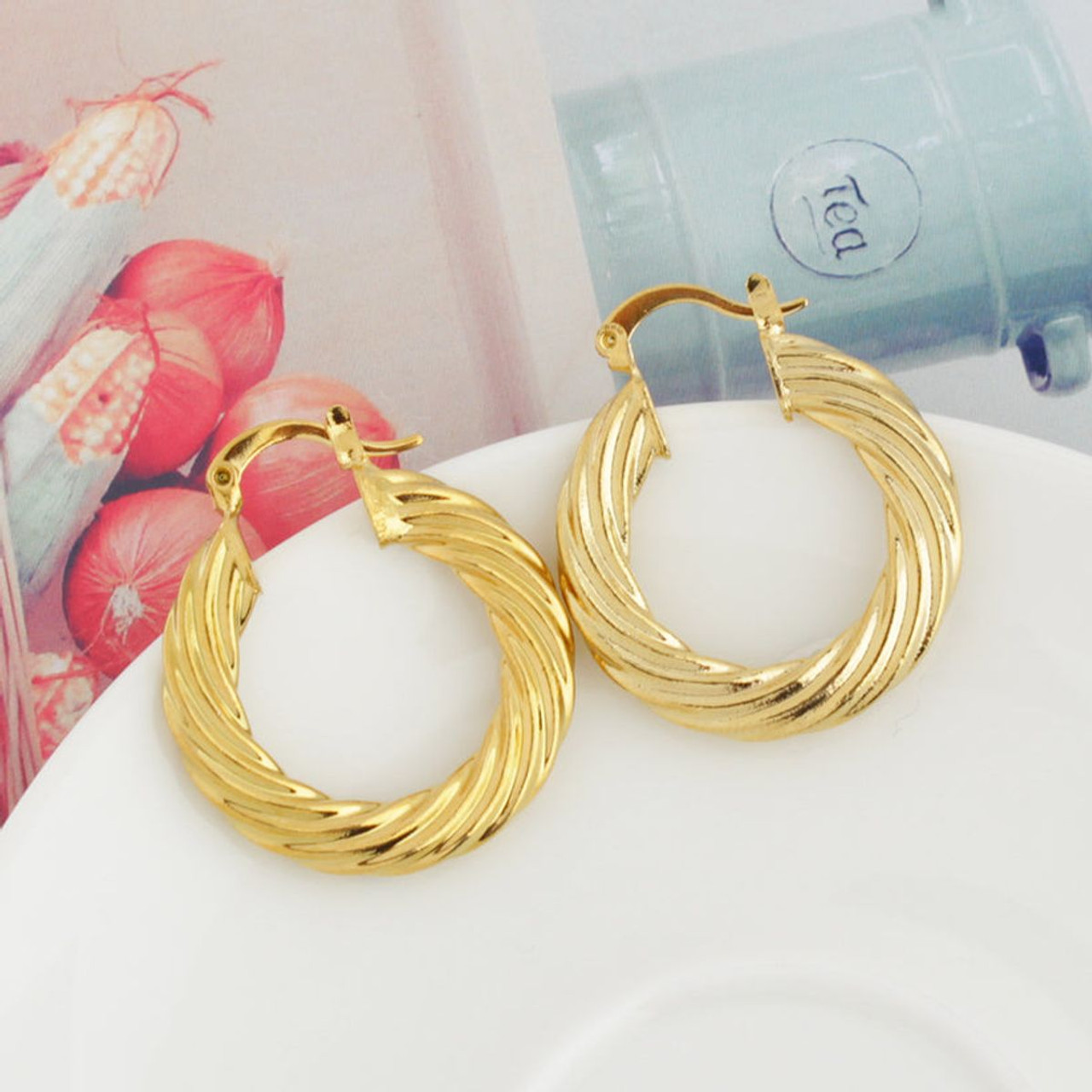 14K Gold-Plated Classic Bamboo Hoop Earrings, 30mm - Stylish Jewelry product image