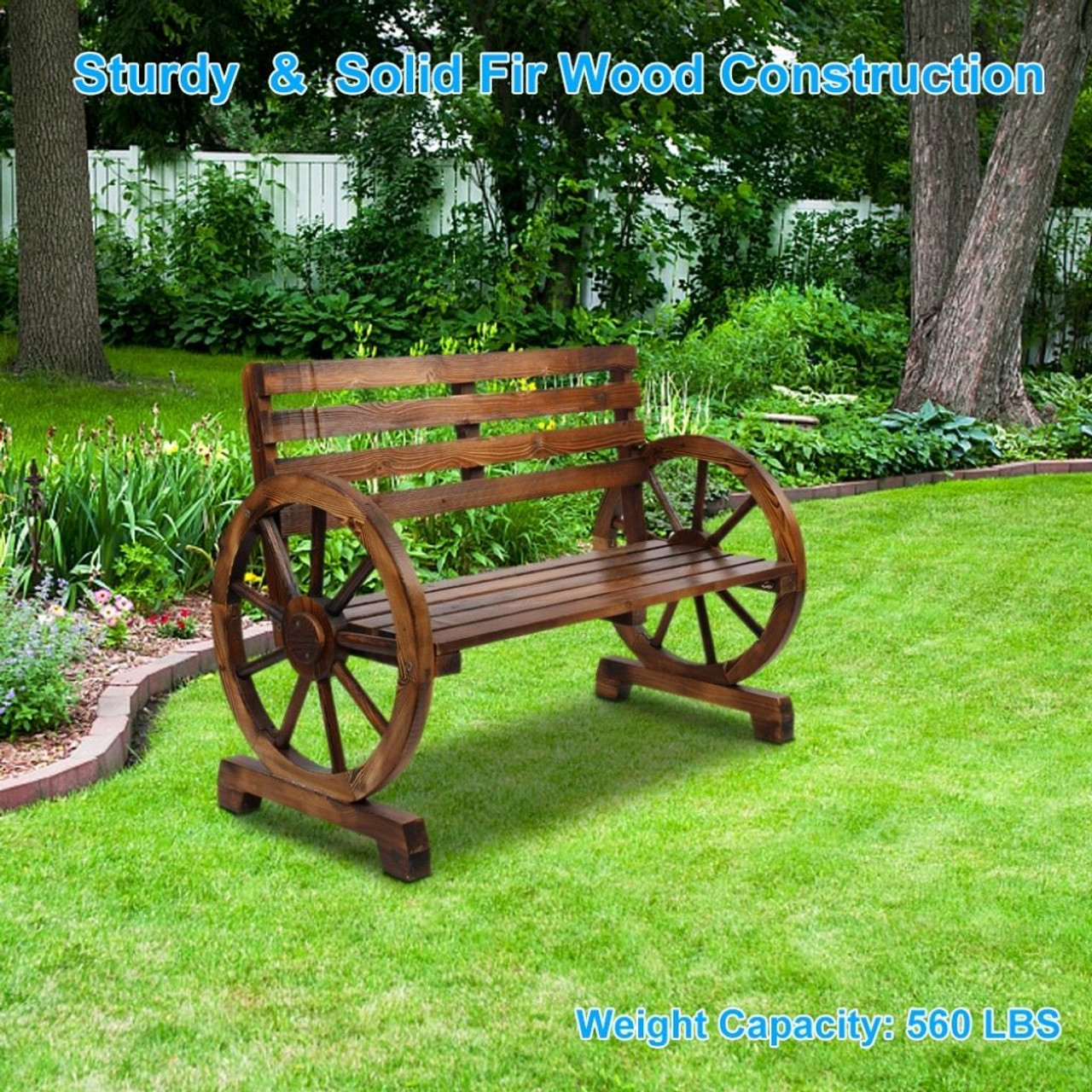 Rustic 2-Person Wooden Wagon Wheel Bench with Backrest product image