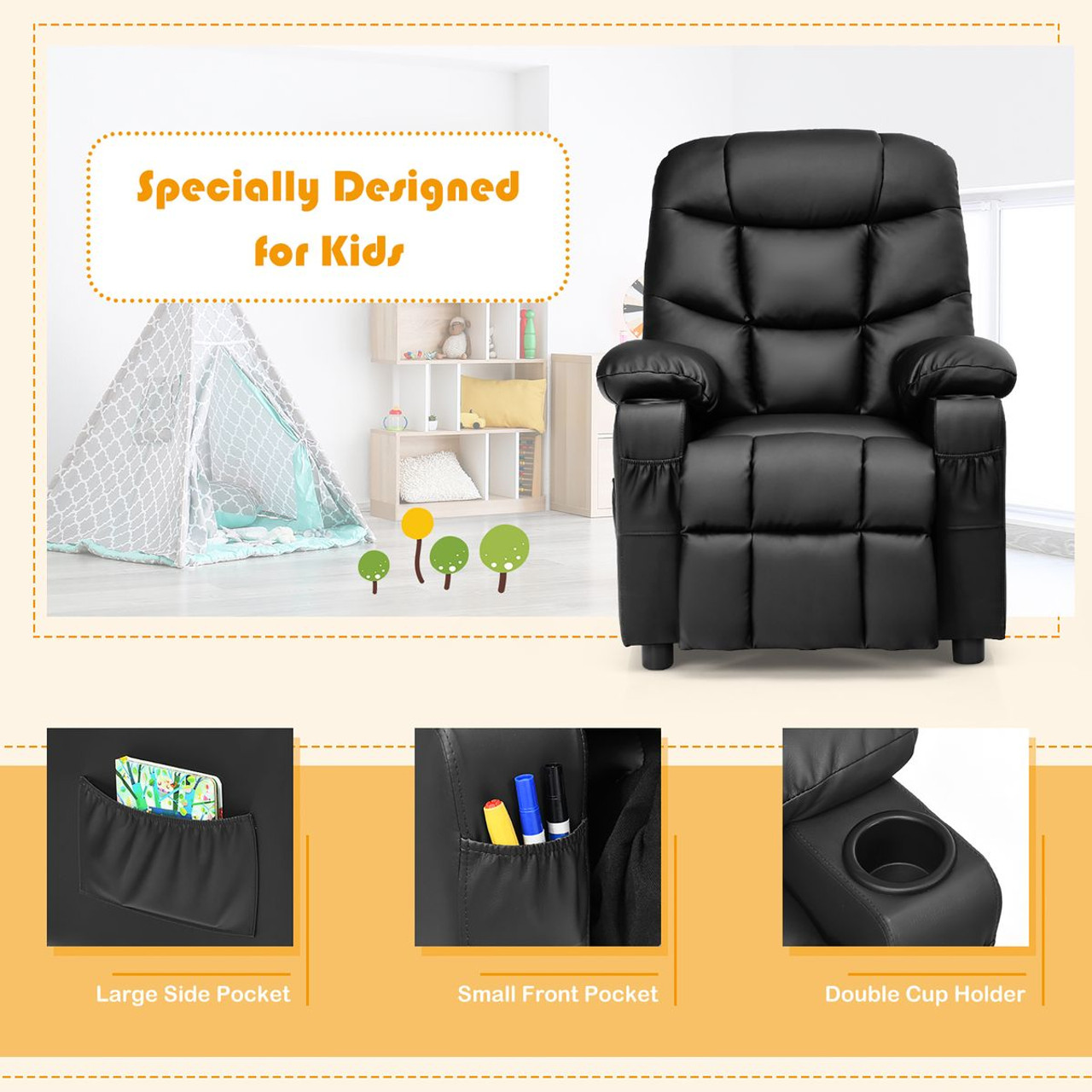 PU Leather Kids Recliner Chair with Cup Holders product image